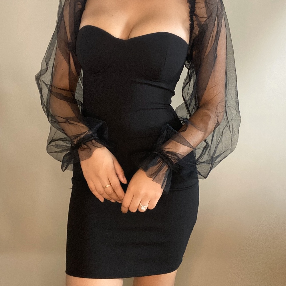 Sheet balloon sleeve mini bustier dress
